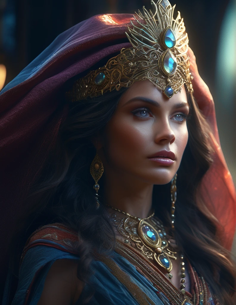 mystical female protagonist, intricate fantasy dress, glowing ethereal aura, detailed ornate headpiece, sweeping dramatic cape, enchanting eyes, porcelain skin, flowing hair, serene expression, dark moody lighting, cinematic dramatic atmosphere, vibrant jewel-toned colors, creative whimsical concept art, (best quality,4k,8k,highres,masterpiece:1.2),ultra-detailed,(realistic,photorealistic,photo-realistic:1.37)