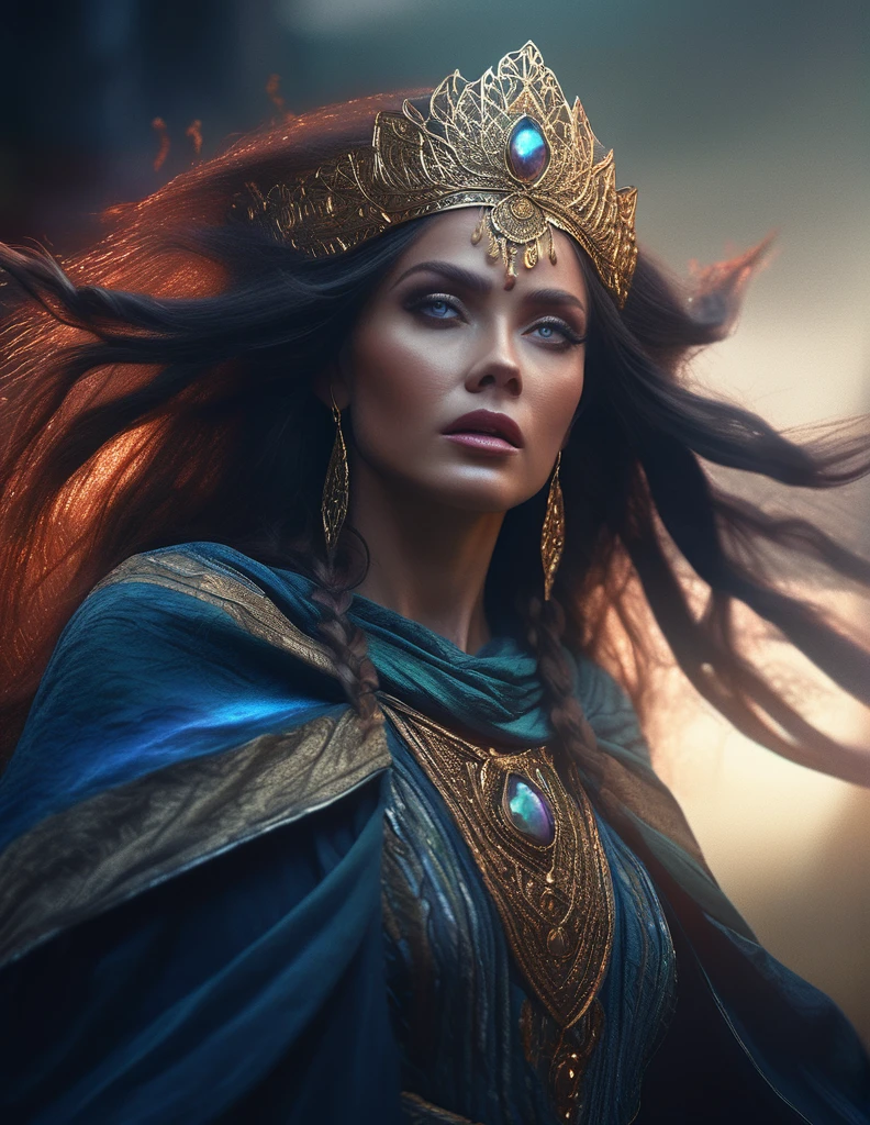 mystical female protagonist, intricate fantasy dress, glowing ethereal aura, detailed ornate headpiece, sweeping dramatic cape, enchanting eyes, porcelain skin, flowing hair, serene expression, dark moody lighting, cinematic dramatic atmosphere, vibrant jewel-toned colors, creative whimsical concept art, (best quality,4k,8k,highres,masterpiece:1.2),ultra-detailed,(realistic,photorealistic,photo-realistic:1.37)