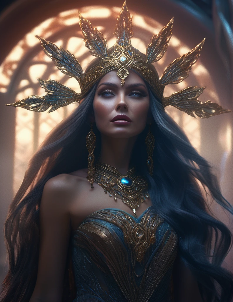 mystical female protagonist, intricate fantasy dress, glowing ethereal aura, detailed ornate headpiece, sweeping dramatic cape, enchanting eyes, porcelain skin, flowing hair, serene expression, dark moody lighting, cinematic dramatic atmosphere, vibrant jewel-toned colors, creative whimsical concept art, (best quality,4k,8k,highres,masterpiece:1.2),ultra-detailed,(realistic,photorealistic,photo-realistic:1.37)