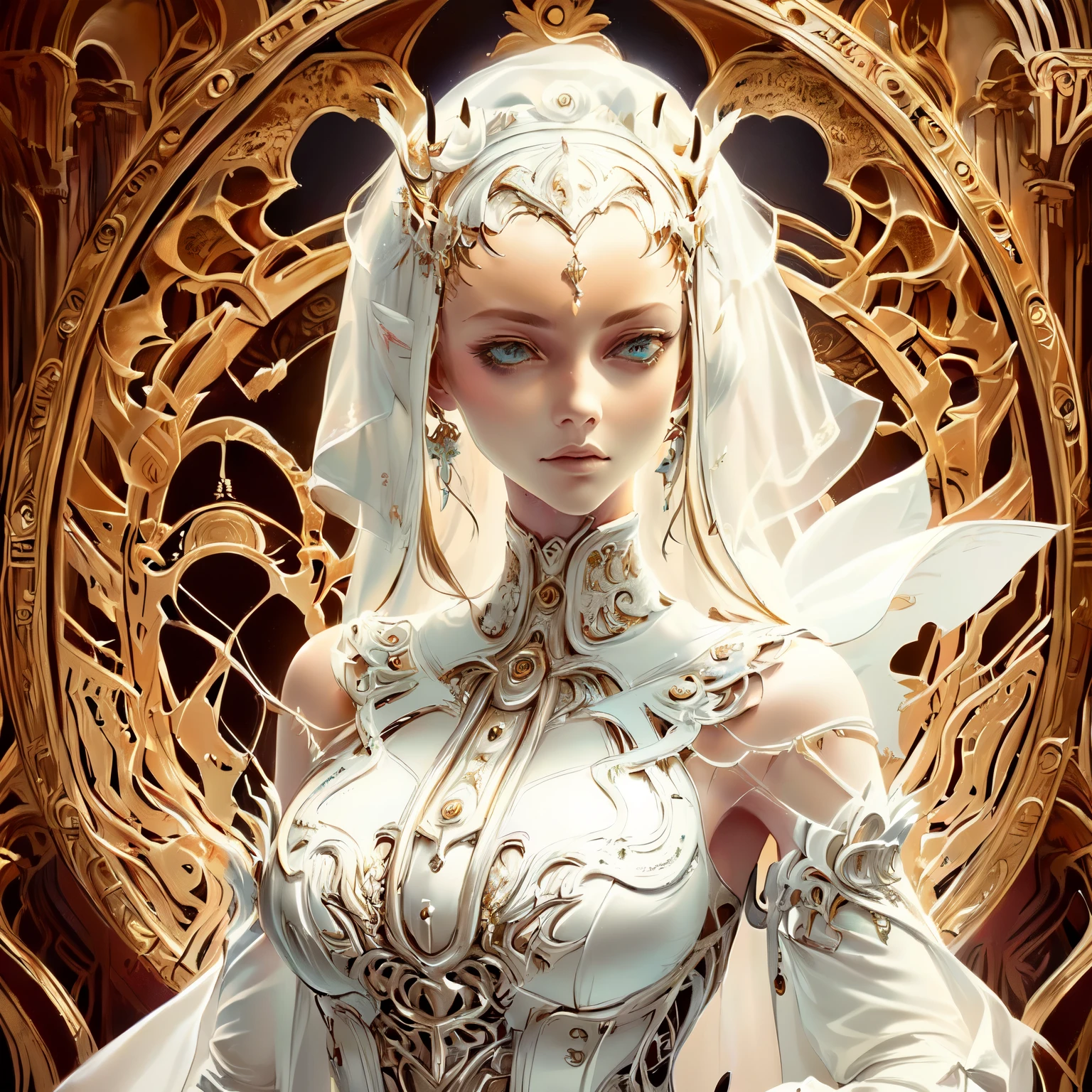 There is a woman in a wedding dress with a veil and tie., Elegant digital art, In the art style of Bouwater, Portrait of a Princess, Amazing digital illustrations, Beautiful digital illustrations, Exquisite digital illustrations, Elegant digital painting, Fantasy fairy tale, Beautiful fantasy maiden, Beautiful fantasy art portraits, Fantasy art style, ((Beautiful Fantasy Empress)), Portrait of a Princess,abstract, half side odd color,