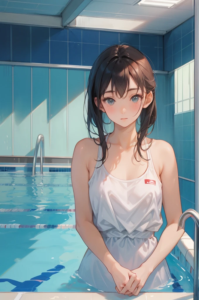 Female Swimmer、Indoor swimming pool、Indoor Pool、Girls&#39; High Diving、Diving board、High leg competitive swimsuit、Big Breasts