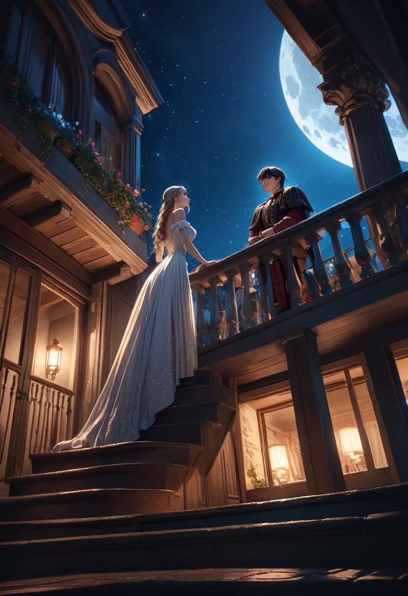 a romantic balcony scene at night, Romeo kneeling before Juliet, two lovers confessing their love, romantic shadows intertwined, starlit sky above, full moon shining, whispering secrets under the night,intricate details, beautiful delicate(hair,face,eyes,pupils,longeyelash, lips), beautiful detailed cute face and eyes, (best quality,8k,highres,masterpiece:1.2),ultra-detailed,realistic,photorealistic,photo-realistic:1.37,cinematic lighting,dramatic chiaroscuro,lush dramatic colors,elegant Renaissance style,oil painting