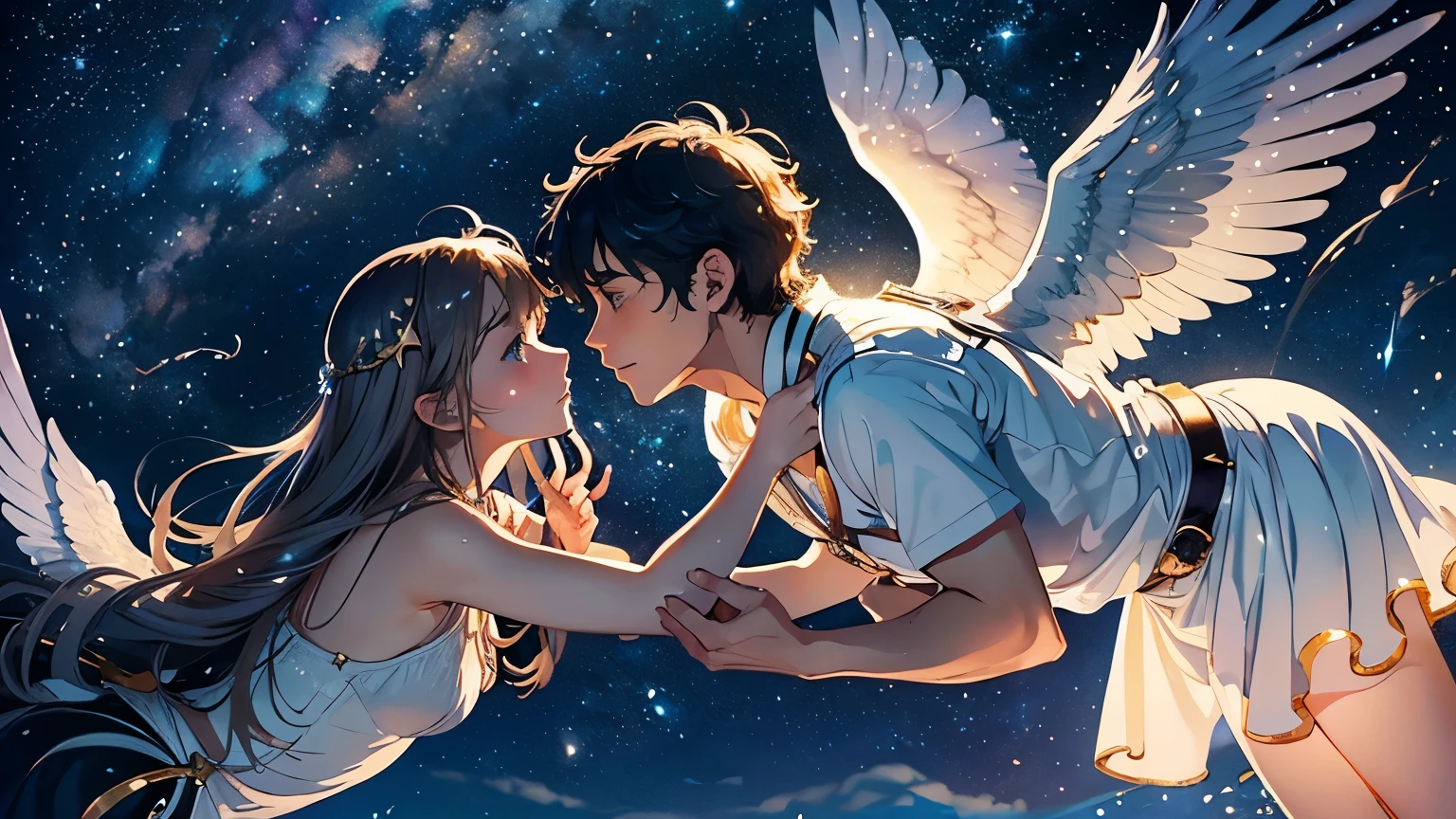 Adventure Romance、(Two angels floating in the starry sky confessing:1.2)、(Angels flying in the sky:1.2)、Draw the whole body、(Between them the Milky Way flows and the crescent moon floats:1.2)、(Crescent moon in the starry sky)、(Beautiful face and detailed overall appearance)、(Highest quality, masterpiece, High resolution)、4K Anime Art、