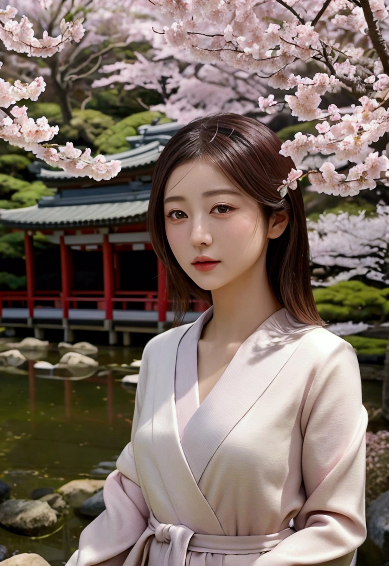 ((best quality)), ((masterpiece)), ((realistic)), A girl of impeccable beauty standing in a tranquil Japanese garden with cherry blossoms at eye level., landscape, masterpiece, (mackerel), original, extremely detailed 8K , (photorealistic:1.4),flawless face, perfect eyes,symmetrical body type,laugh, 
