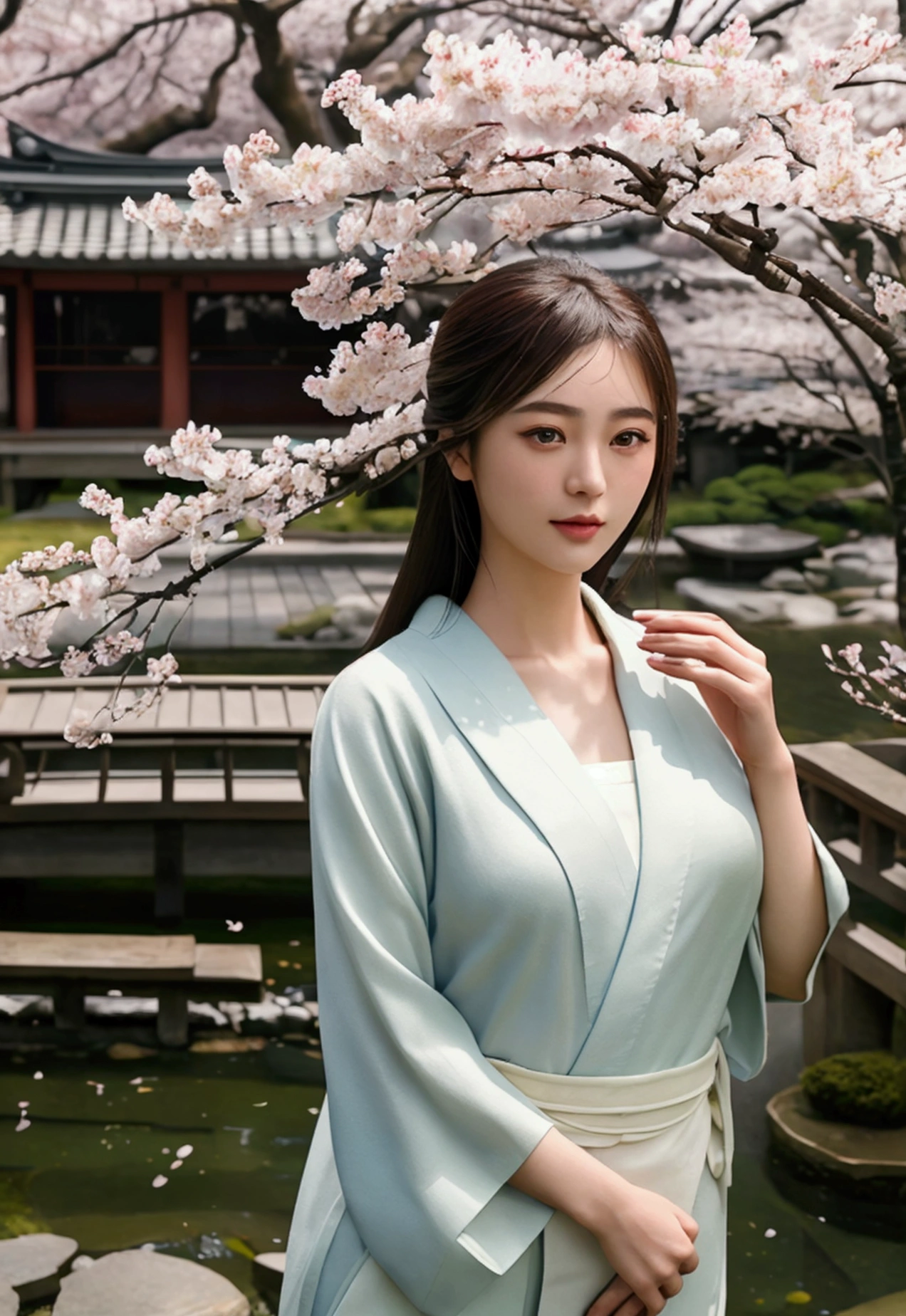 ((best quality)), ((masterpiece)), ((realistic)), A girl of impeccable beauty standing in a tranquil Japanese garden with cherry blossoms at eye level., landscape, masterpiece, (mackerel), original, extremely detailed 8K , (photorealistic:1.4),flawless face, perfect eyes,symmetrical body type,laugh,