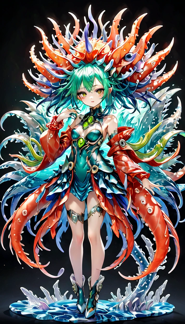 full body display、Half-human, half-beast girl、Modified human girl、Half sea anemone, half human、Beauty、Cute face、cyber punk、Glowing eyes and mouth、Sharp Eye、A dignified pose like an emperor、Control the tentacles that extend from the arms、Wearing armor shaped like a sea anemone、Use red as the main colour、Earthy colors with neon green and blue hues、Vibrant colors and high contrast lighting、(The best quality at its best,4K,8k,High-rise buildings,masterpiece:1.2),Ultra-fine,(Realistically,Photo Real,Photoreality:1.37)
