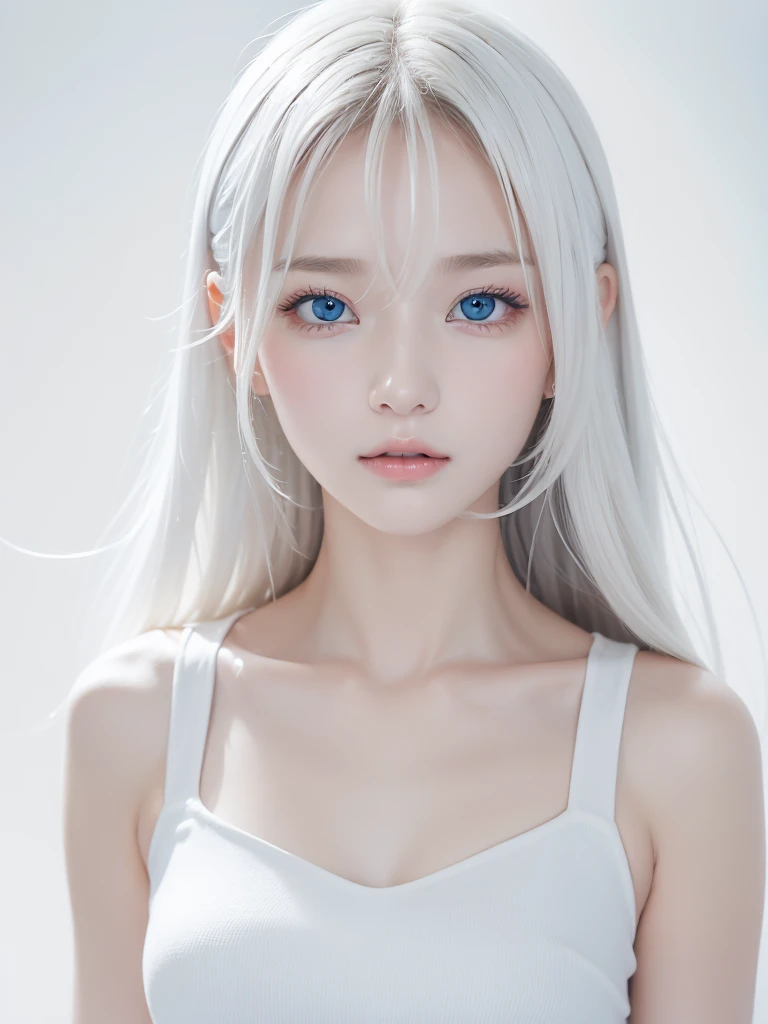 (((White Background:1.3)))、Highest quality, Masseter muscle area, High resolution, Albino girl、(((1 girl))), ,(((The eyes are white:1.3)))、White Dress、((White shirt:1.3、White Block Dress)), Tyndall effect, Realistic, Shadow Studio,Ultramarine Lighting, Dual Tone Lighting, (Skin with attention to detail: 1.2)、薄Dim lighting、Dim lighting、 Digital single-lens reflex camera, photograph, High resolution, 4K, 8k, Background Blur,Beautiful fade out、White world、White Background