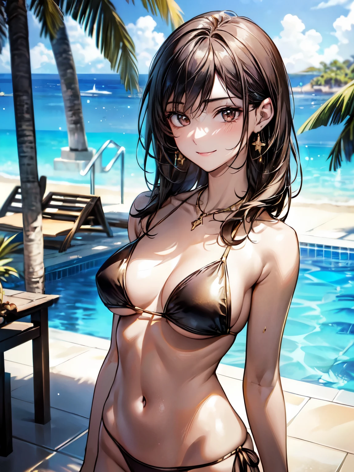 8K, (masterpiece, best quality:1.3), ((bokeh)), (short focus lens:1.4), Anime CG style, Japanese, 1 lady, medium shot, (face light:1.2), cinematic lighting, sharp focus, (Left to Right Balance), beautiful eyes, (Perfect Hands,Perfect Fingers,Perfect Limbs,Perfect Body,Correct Human Body,Perfect Image Realism,Perfect Anatomy),
(shiny skin, detailed skin),
glossy black hair, well-groomed hair, medium-length straight hair: 1.3, black eyes,
(wearing Black & Gold halter bikini top), bikini bottom, standing on a beach, photorealistic, high detail, detailed fabric texture, lovely smiling, natural pose,
(simple gold chain necklace, simple gold earrings, simple gold bracelet),
, glamorous body, (smile), upscale restaurant manager, confident and focused,
(beautiful scenery), summer vibes, blue ocean background, clear sky, (Luxurious hotel poolside:1.2), crystal clear water, infinity pool, panoramic view, elegant lounge chairs, tropical palm trees, high-end resort atmosphere, soft ambient lighting, photorealistic, high detail, wide-angle shot, cinematic style,