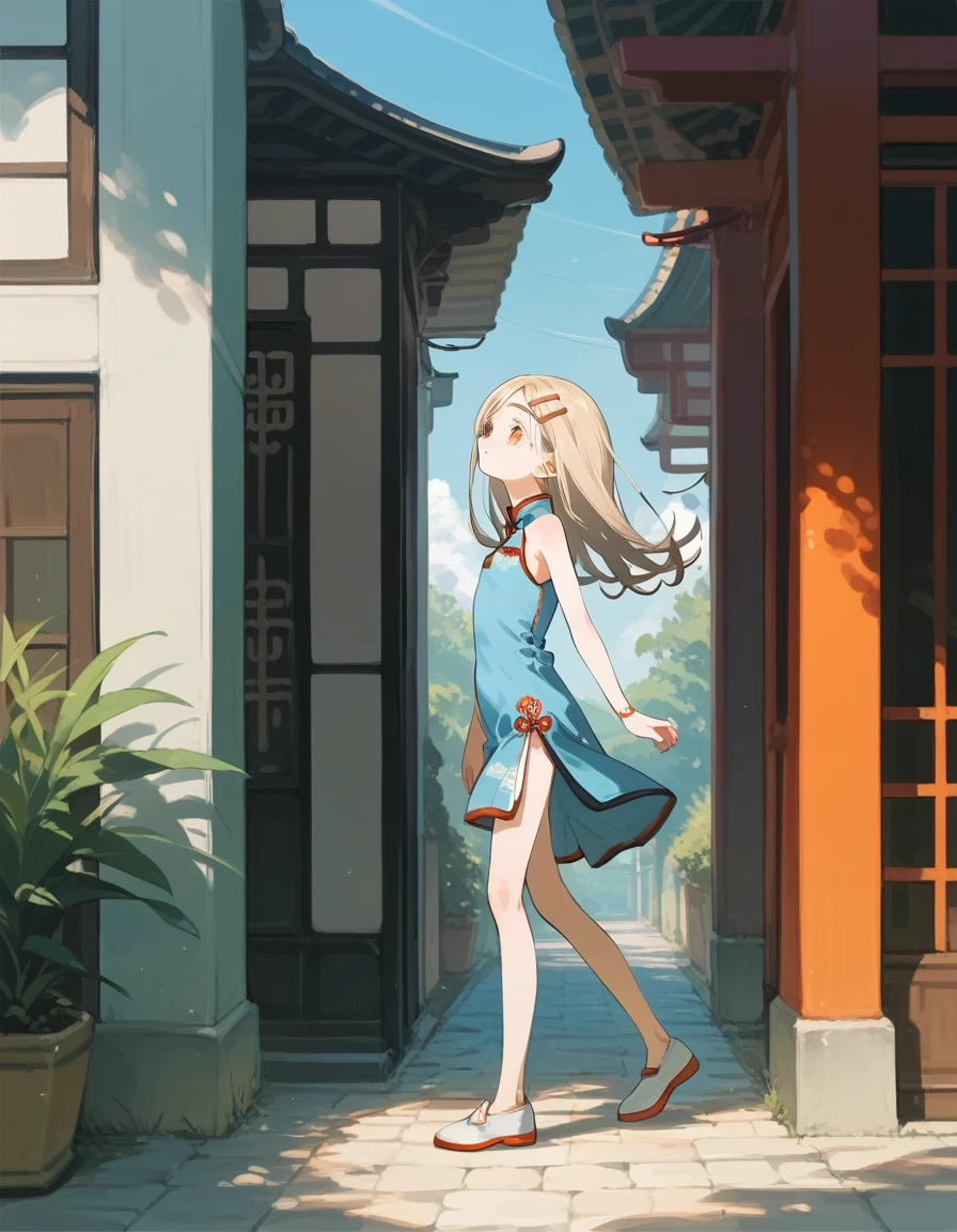 shinosawa hiro,slender,orange eyes,white eyelashes,blonde hair,long hair,hairclip,flat chest ,blue chinese clothes,blach dress,full body,twintail,walk,from side,
