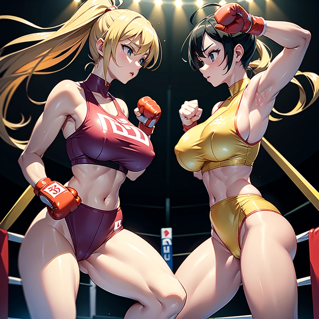 Good human art , Pixel Boxing style , Fullbody drawing , Fisting each other , NSFW , oversized oppai , boxing rings , Wear large boxing gloves In both hands ,Wear It is embroidered in gold Highleg athletic outfit, Celeblity.