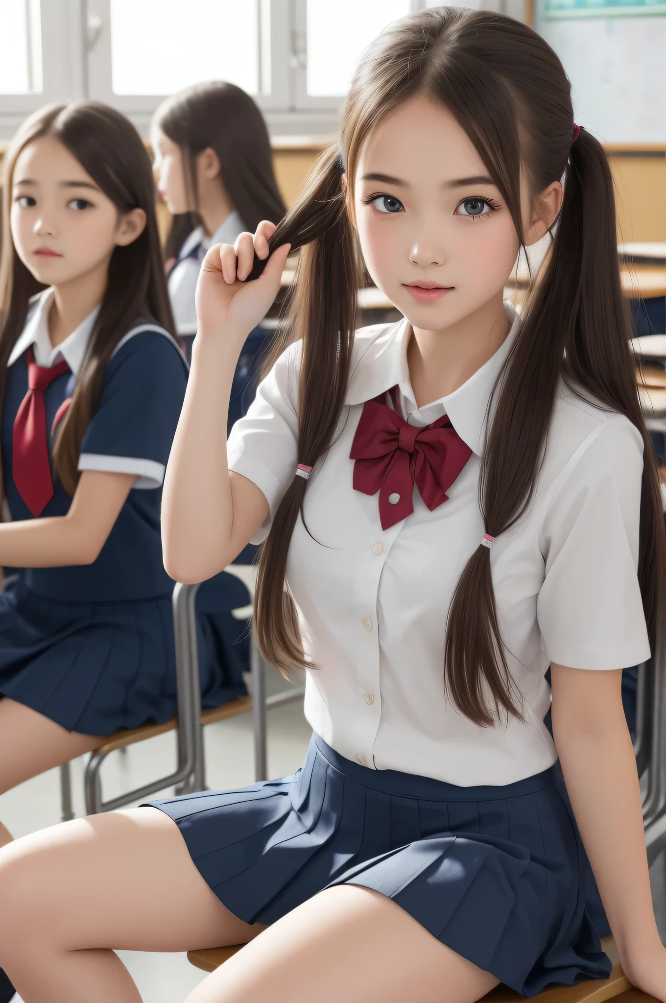 (1young girl), kawaii, (highly detailed Beautiful face), Amazing face and eyes, (Best Quality:1.4), (Ultra-detailed), (extremely detailed CG unified 8k wallpaper), Highly detailed, High-definition raw color photos, Professional Photography, Realistic portrait, twintails, (hi-school uniform, pleated mini skirt:1.3), (hi-school uniform with wide open breasts:1.2), Sitting, (open your legs), cameltoe, depth of fields, School, classroom, (fine face:1.2),
