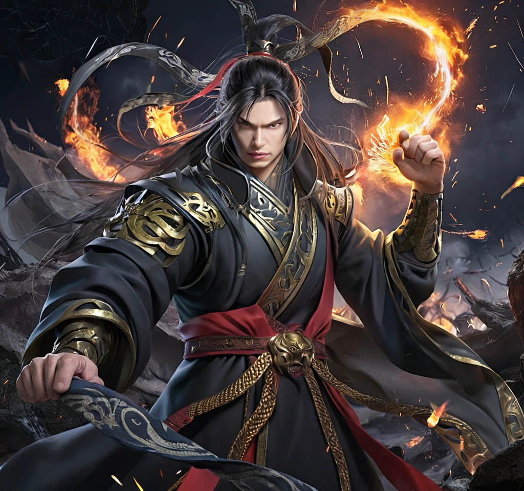 (ruins)eyes filled with angry,He clenched his fists,Rush up,Deliver a fatal blow to your opponent,full bodyesbian,Full Body Male Mage 32K(tmasterpiece,k hd,hyper HD,32K)Long flowing black hair,Camping site area,zydink, a color, patriot (ruins), (Linen batik scarf), Angry fighting stance, looking at the ground, Batik linen bandana, Chinese python pattern long-sleeved garment, (Abstract propylene splash:1.2), Dark clouds lightning background,Flour flies(realisticlying:1.4),Black color hair,Flour fluttering,Background fog, A high resolution, the detail, RAW photogr, Sharp Re, Nikon D850 Film Stock Photo by Jefferies Lee 4 Kodak Portra 400 Camera F1.6 shots, Rich colors, ultra-realistic vivid textures, Dramatic lighting, Unreal Engine Art Station Trend, cinestir 800,Flowing black hair,(((Male mage))),The male mage was furious,