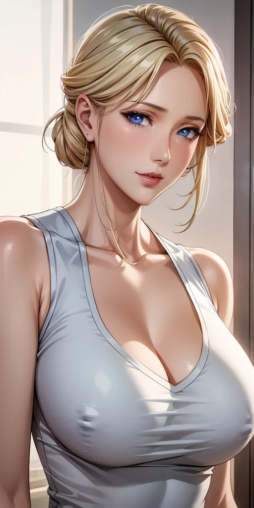 Elegant mature woman, milf, blue eyes, blonde hair, soft light, high detailed, 4k resolution, high quality, beautiful cg,