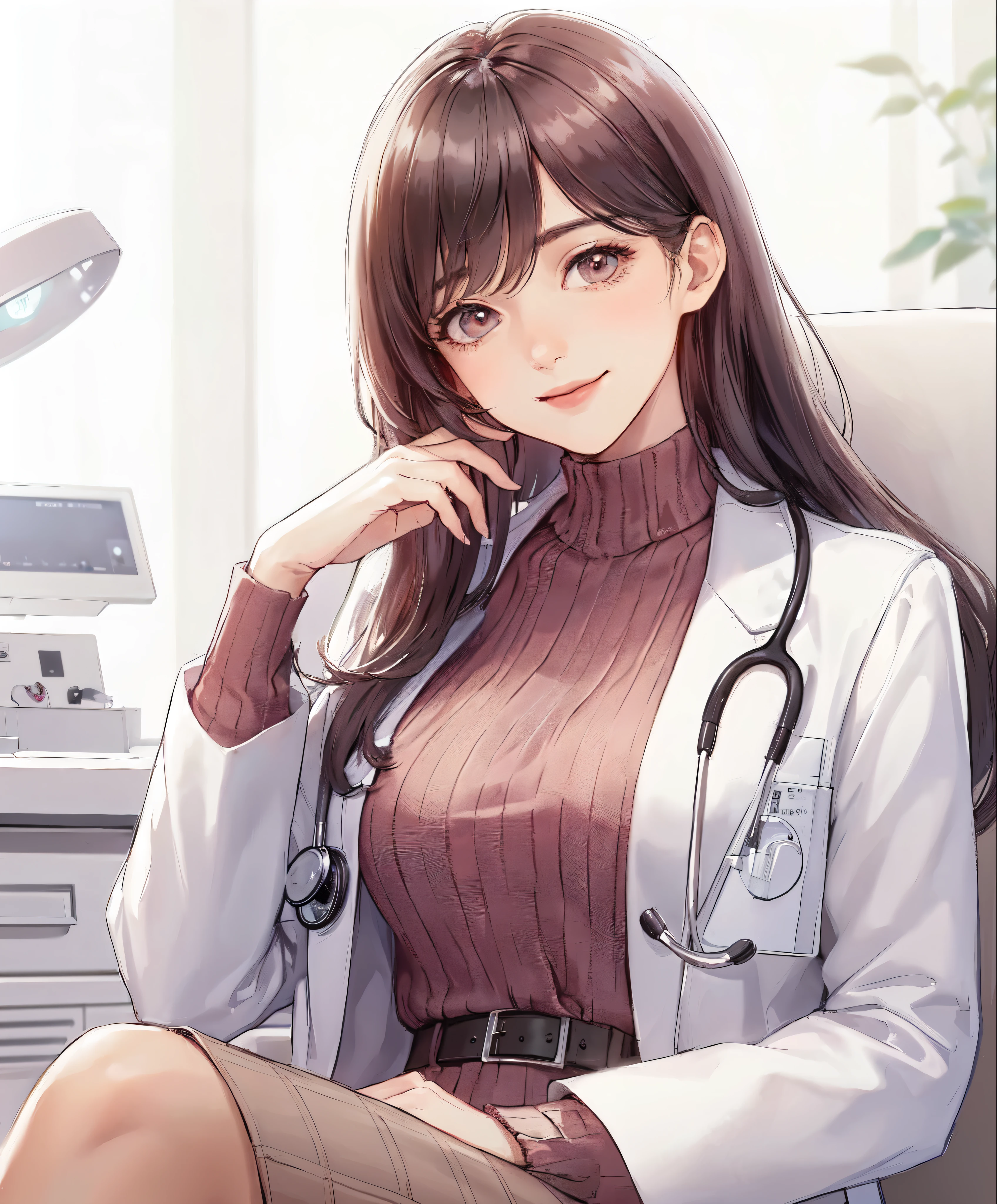 1 lady only, sit, (Looking at the audience), (White lab coat) Dress up in style, Mature female, /(Dark brown hair/) Bangs, Friendly smile, (Masterpiece Best Quality:1.2) Exquisite illustrations with rich details, Large Breasts, Pantyhose, /(Wearing a stethoscope around the neck/) rest (Hospital examination room) indoors, desk, Detailed background