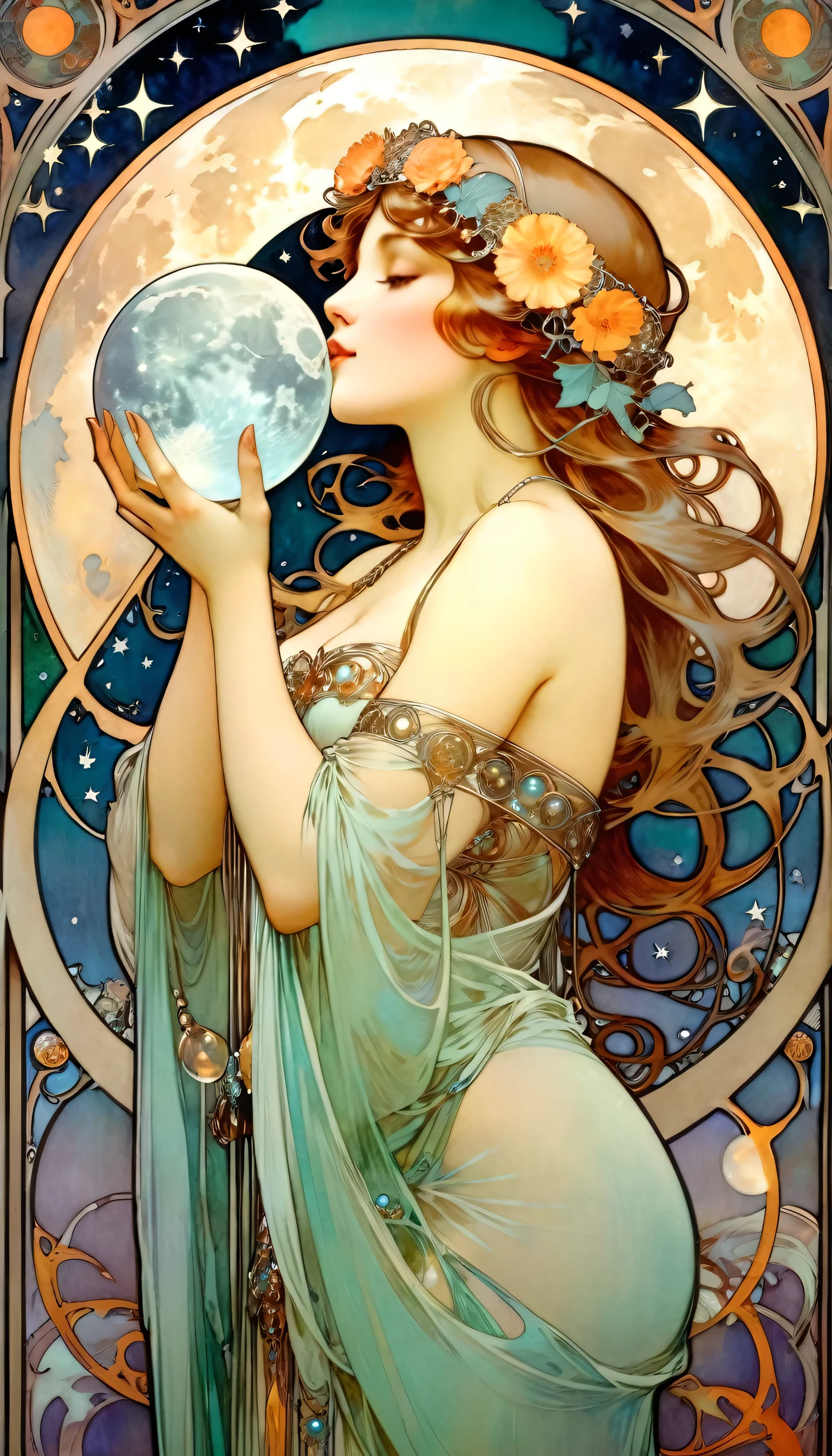 ((Alphonse Mucha's Art Style)), Holding a moon the size of a crystal ball in both hands,A stunning beauty with an 8-head body kissing, sheこの月に恋をしている, Did the moon accept her advances?, It gives off a wonderful glow, she,yes,Thessalian Witch