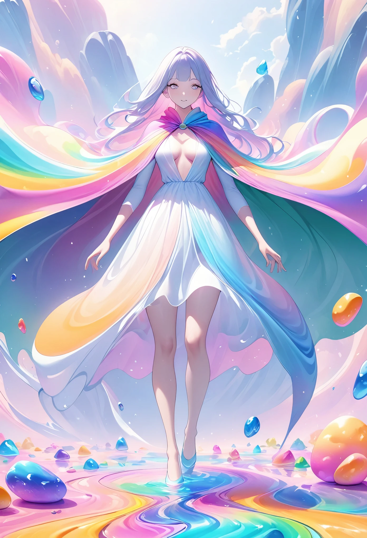 A woman standing on colorful rocks,The silk cape on the body is seamlessly connected with the colorful rocks,All in one piece,Colorful Rock Cloak,Typical oriental woman,Colorful brushed sea surface,Flowing and smooth,Surreal photography,A perfect combination,Unite,Ultra-clear,pole