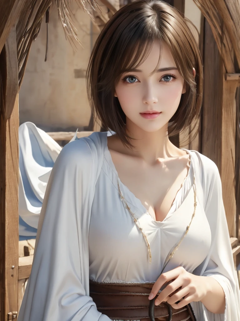 Realistic、Highest quality、Highest quality、masterpiece、Ultra-high resolution、RAW Photos、Realistic、Bright lighting、Face Light、Smooth Professional Lighting、Looking into the camera、alone、Adult female、Beautiful woman、Super Beauty、Realistic Skin、Moisturized Skin、Realistic eyes and faces、Perfect model body shape、Beautiful Eyes、Big eyes、Inconspicuous tear bags、slim、 of medium size、Beautiful fingers、Very short hair、Black Hair、black eye、Looks happy、Cowboy Shot、(Both ears are hidden by hair)、(((White Wizard)))、Fantasy World、Medieval Europe、wilderness