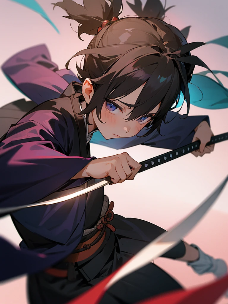 Center Parting、juvenile、Samurai's Son、High resolution, smile, Face up black hair, Purple Eyes、Round eyebrows、boy