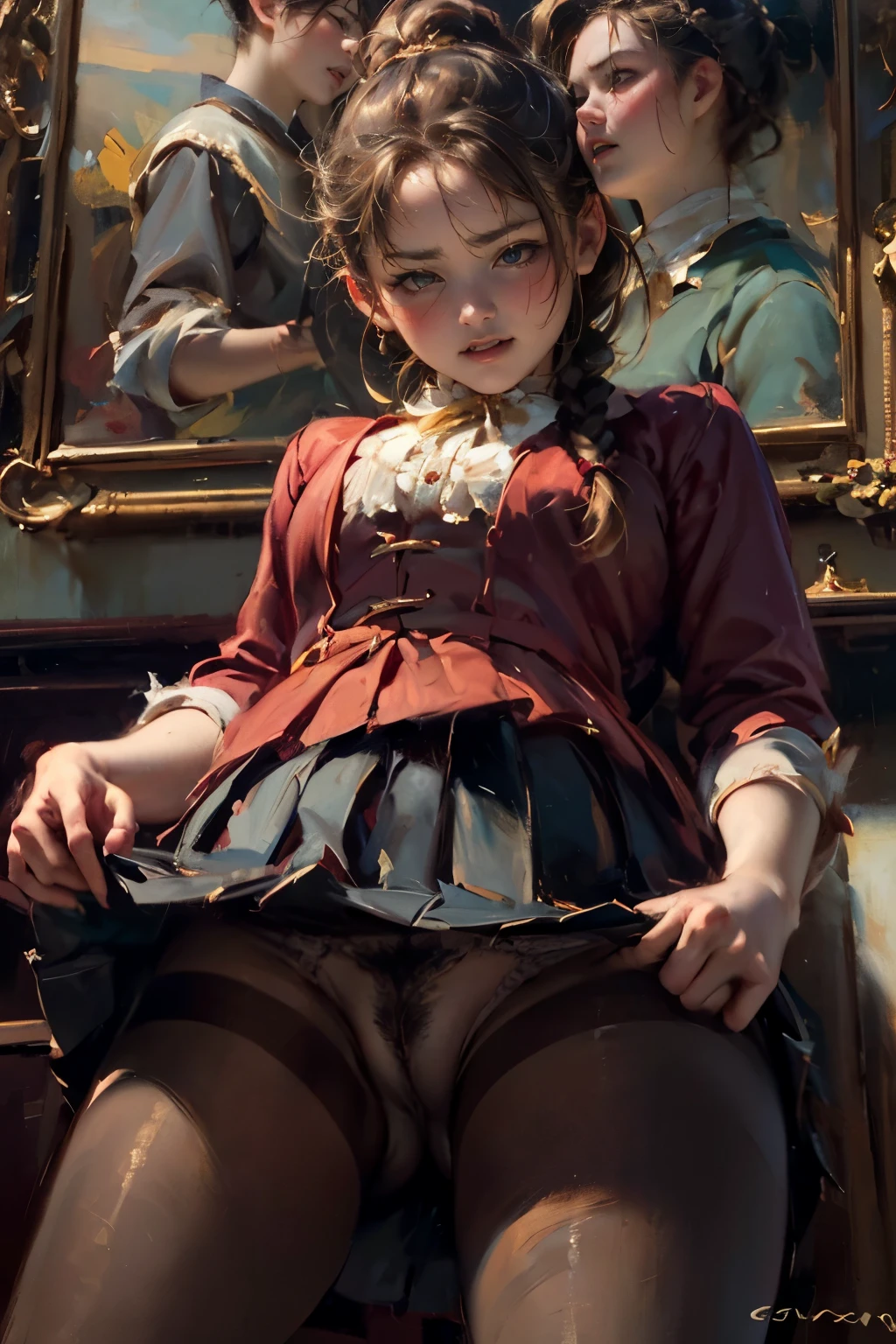 a woman, drooping eyes, ((styled old westerner oil painting)), eyes realistic sizing, pleated skirt, (round face), (pantyhose, pubic hair), straddling bollard that is standing on the floor to hit her crotch, detailed panties, open legs, pubic hair, angle from below, braid,