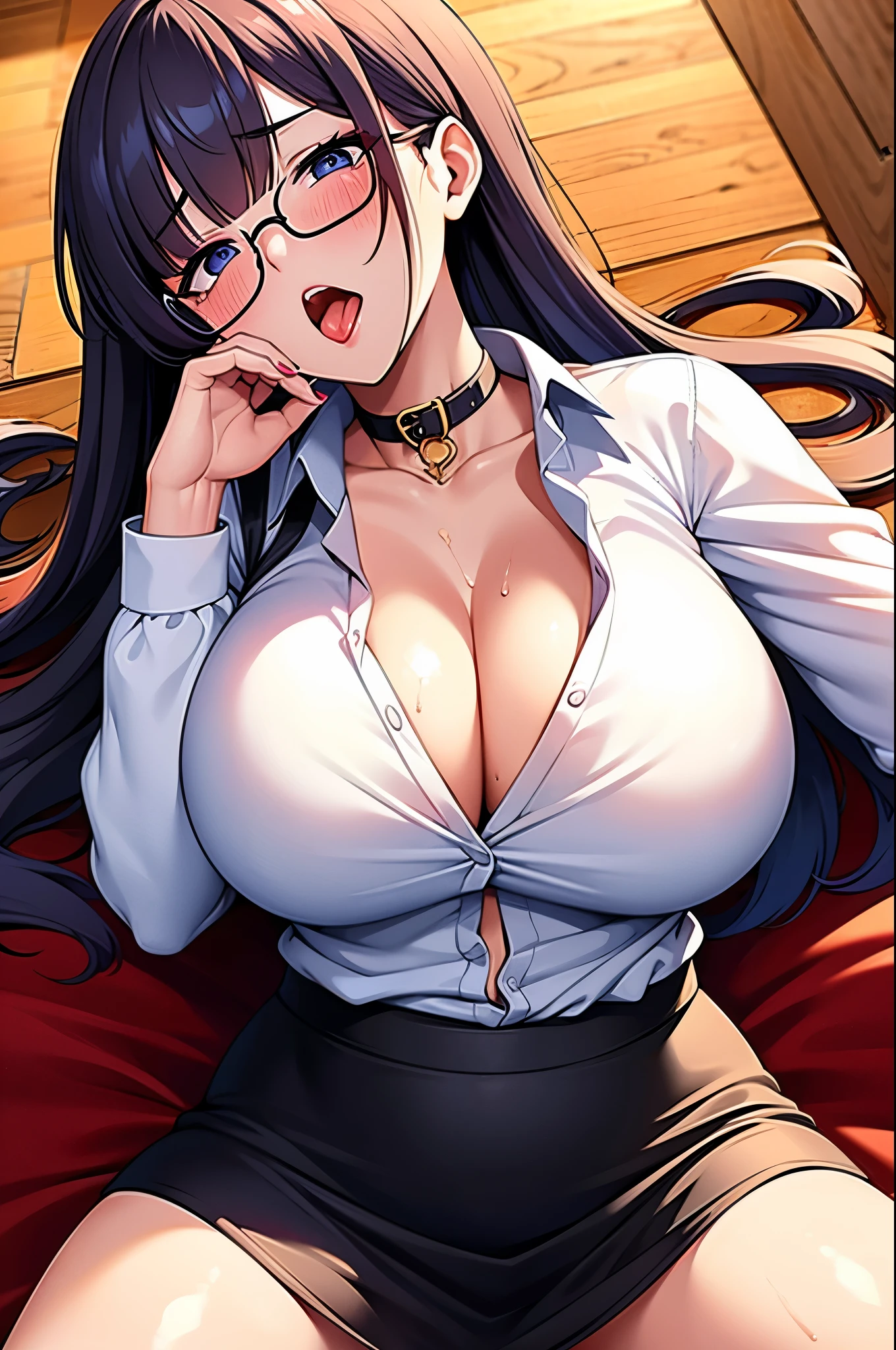 Collar up ,High collar,Open-chested clothing,Cleavage,White shirt, Wife,Lying down,Naked shirt,Glasses,Mother,Put your hands behind your head,Spread your legs,Pencil Skirt,sex,Ahegao,Sweaty body,blush,Semen on the face and chest,