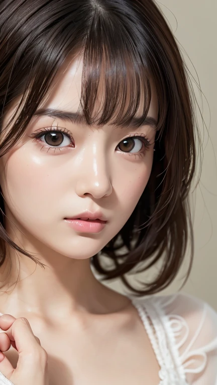 (close:1.5), (Highest quality、4K、masterpiece:1 )、Beautiful woman、Woman 1 Mature Woman Person、Ultra detailed face、Detailed lips、Detailed eyes、double eyelid、Japanese、(RAW Photos、Highest quality)、(Real、Realistic:1.3)、masterpiece、Very delicate and beautiful、Very detailed、Hmph、Unity、8k、Amazing、Detailed explanation、Very detailed、High resolution、Absurd、Soft Light、(Dark black hair、short hair、Curly Hair、Messy Hair、bangs)、Detailed beautiful girl、Detailed fingers、highly Detailed eyess and face、Beautifully detailed nose、Beautiful attention to detail、(Light on the face)、View your viewers、(Closed)mouth:1.2)、1 girl、Adorable、Your natural face、White skin、(Half Body:1.3、Sedentary position)、(Mid-breasted)、Real face、Realなボディ