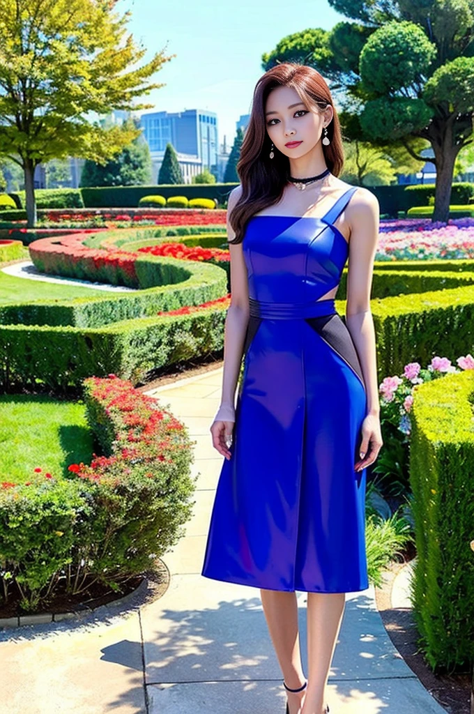 Tzuyu 1, woman, (Realistic), (Hyperrealism), (photoRealistic), Written boundary depth, eye make up:0.7 (whole body:1.8), (Large Bust),(Tight waist), Observe the audience,At the flower garden, Fashion Model, A sexy dress with open shoulders and neckline