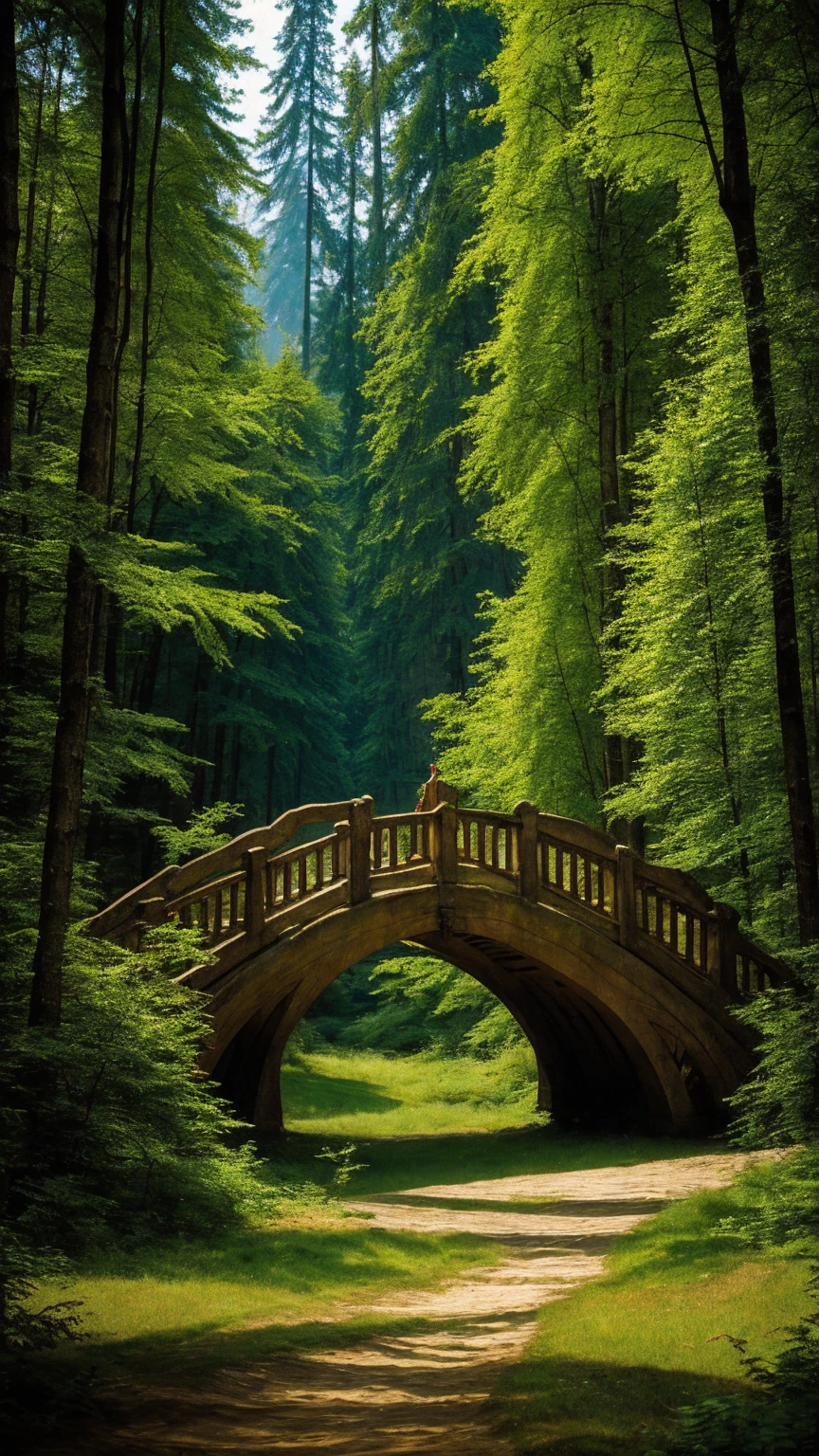 A bridge the land of elves in the middle of the forest with beautiful ancient buildings, fantasy feel, firefly light