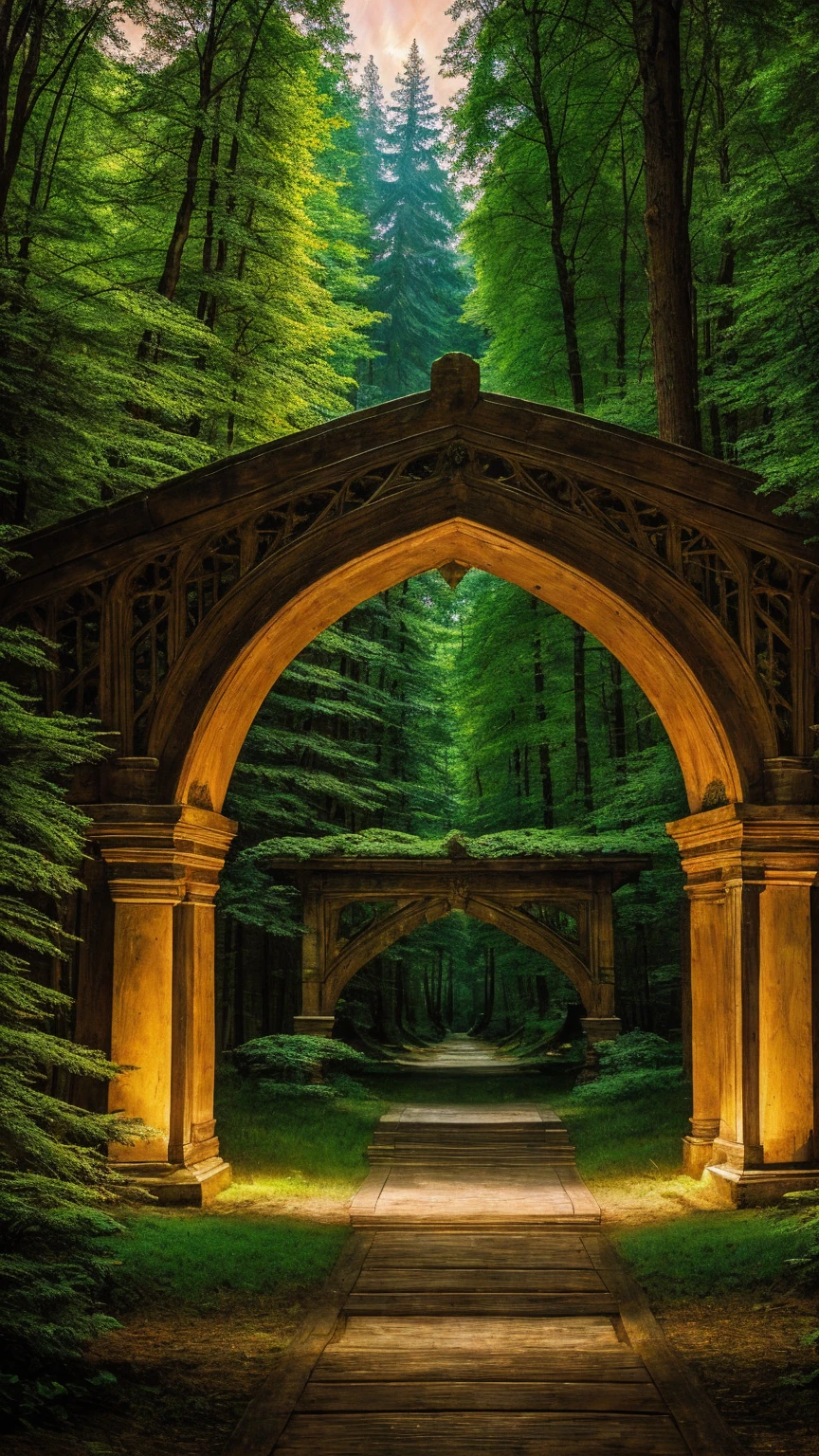 A bridge the land of elves in the middle of the forest with beautiful ancient buildings, fantasy feel, firefly light 