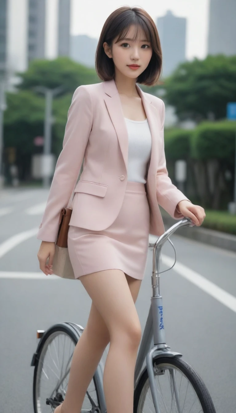 8k, photo realistic, Scores 9, 8, 7, 6, medium closeup, detailed, very sharp, vivid, solo, biking through Tokyo street, high heel, long legs, beautiful eyes, beautiful thighs, office suits, micro mini skirt, cycle basket, (((riding bicycle:1.5))), bicycle, short hair, exact front view, super low angle:1.5, going fast,  depth of field, beautiful big breasts, slender,  the most beautiful woman, double eyelid, beautiful japanese woman, 25 yo, strong wind, slim beautiful legs, sexy pantie stocking, foot on pedal, hip on saddle, up_skirt, lift up one leg