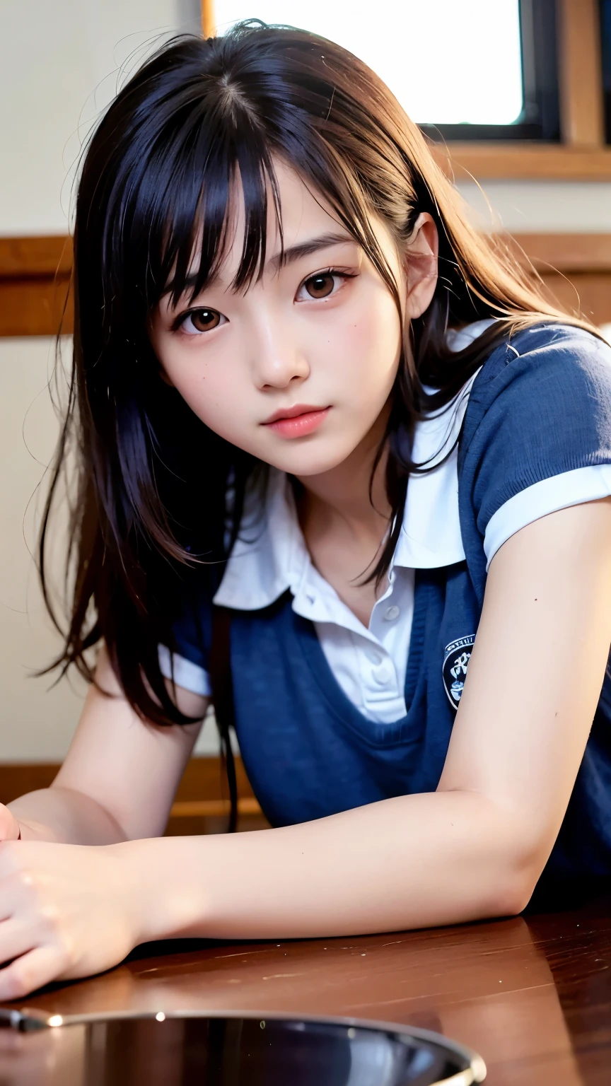 Highest quality, masterpiece, 1 girl, 14~18-year-old, Beautiful Face, Realistic, High resolution,School, Student Uniform,sexy,　Lying down