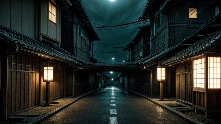 Close-up night image, gloomy, black cage with flickering light, hanging in front of the house gate, on the old Japanese street, film photography, realistic, masterpiece, best quality, ultra realistic, 8k