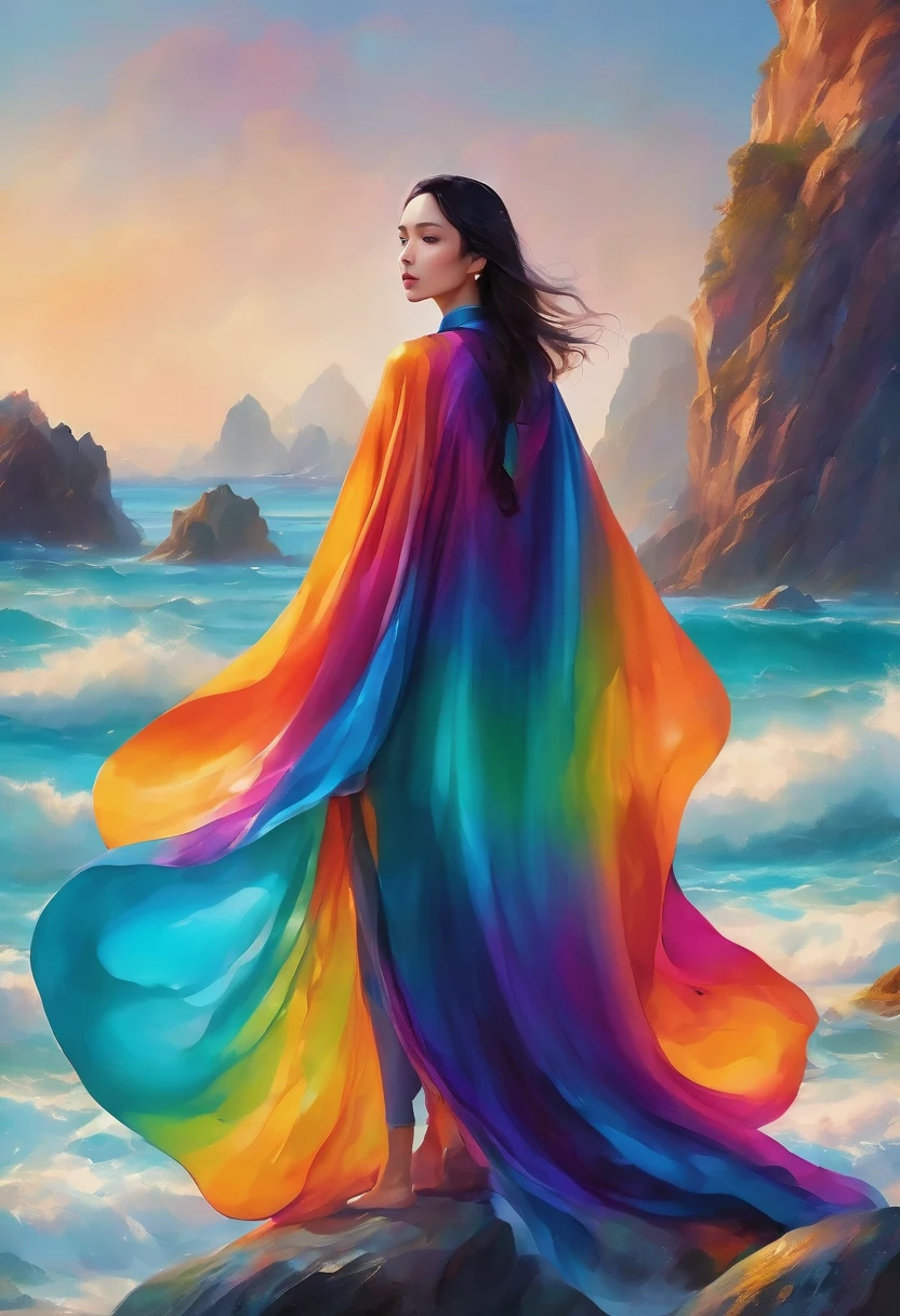 A woman standing on colorful rocks,The silk cape on the body is seamlessly connected with the colorful rocks,All in one piece,Colorful Rock Cloak,Typical oriental woman,Colorful brushed sea surface,Flowing and smooth,Surreal photography,A perfect combination,Unite,Ultra-clear,pole