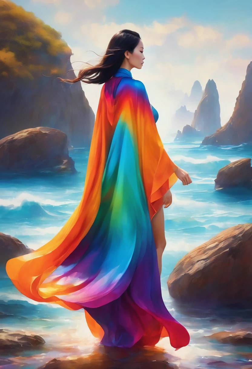 A woman standing on colorful rocks，The silk cape on the body is seamlessly connected with the colorful rocks，All in one piece，Colorful Rock Cloak，Typical oriental woman，Colorful brushed sea surface，Flowing and smooth，Surreal photography，A perfect combination，Unite，Ultra-clear，pole