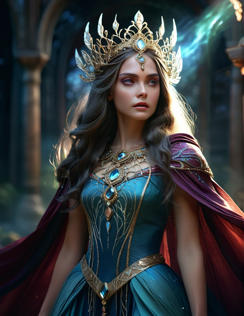 mystical female protagonist, intricate fantasy dress, glowing ethereal aura, detailed ornate headpiece, sweeping dramatic cape, enchanting eyes, porcelain skin, flowing hair, serene expression, dark moody lighting, cinematic dramatic atmosphere, vibrant jewel-toned colors, creative whimsical concept art, (best quality,4k,8k,highres,masterpiece:1.2),ultra-detailed,(realistic,photorealistic,photo-realistic:1.37)