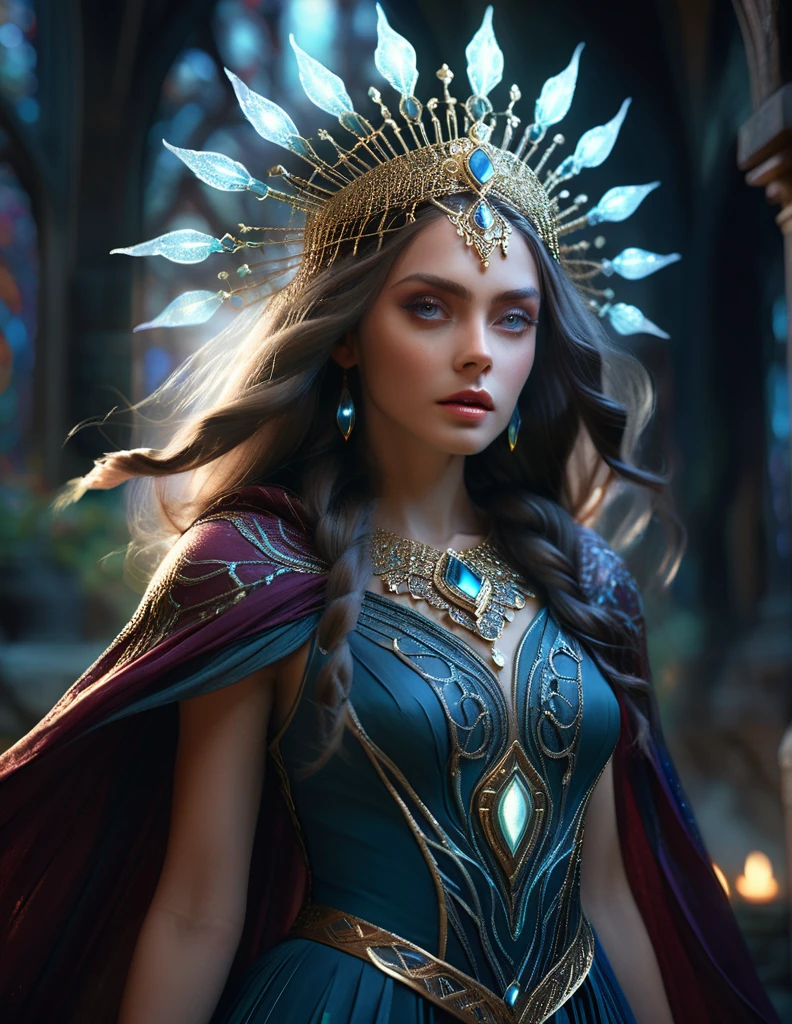 mystical female protagonist, intricate fantasy dress, glowing ethereal aura, detailed ornate headpiece, sweeping dramatic cape, enchanting eyes, porcelain skin, flowing hair, serene expression, dark moody lighting, cinematic dramatic atmosphere, vibrant jewel-toned colors, creative whimsical concept art, (best quality,4k,8k,highres,masterpiece:1.2),ultra-detailed,(realistic,photorealistic,photo-realistic:1.37)