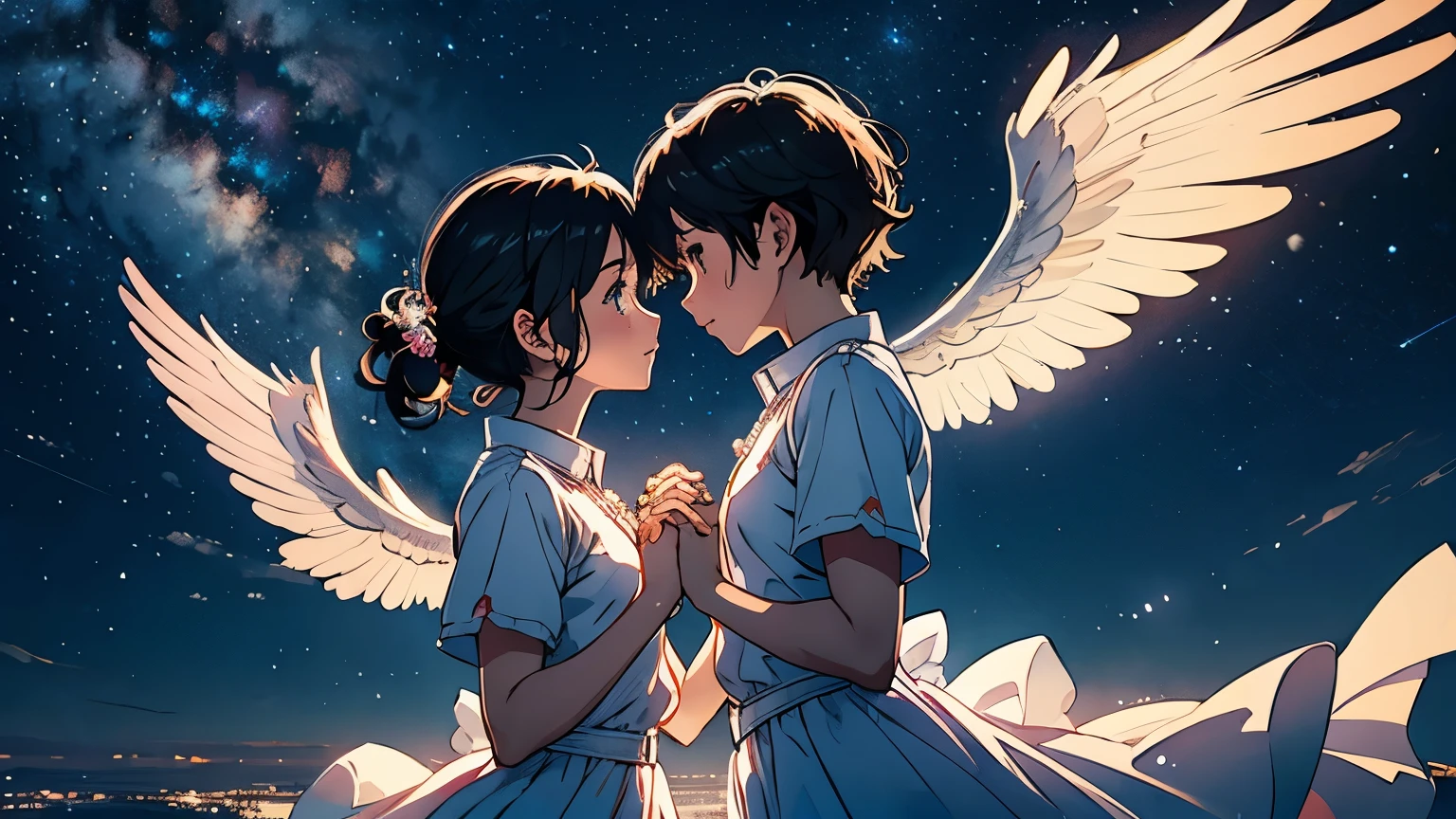 Adventure Romance、(Two angels fly through the starry sky, hold hands, look into each other&#39;s eyes and confess their love:1.2)、(Angels floating in the sky:1.2)、Draw the whole body、(Between them the Milky Way flows and the crescent moon floats:1.2)、(Crescent moon in the starry sky)、(Beautiful face and detailed overall appearance)、(Highest quality, masterpiece, High resolution)、4K Anime Art、