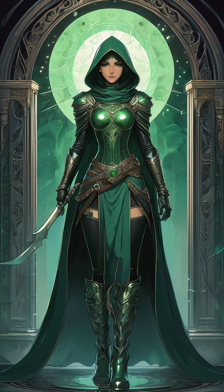 mysterious border, light skinned desi young adult woman, she is hooded wearing rogue armor with metallic boots, she has short black straight hair parted to a side, she has green eyes, no makeup, she is holding a black dagger, she is standing in front of an eclipse with a background of darkness, good anatomy, dynamic pose, good proportions, modern style, vector, highly detailed, intricate, masterpiece, realistic, professional, Dark Fantasy, d&d,(centered), (well framed), vector-art, gradient color, detailed, realistic, professional art masterpiece, (Art Nouveau), Illustration by Alphonse Mucha, (vector-art:1.1) Negative prompt