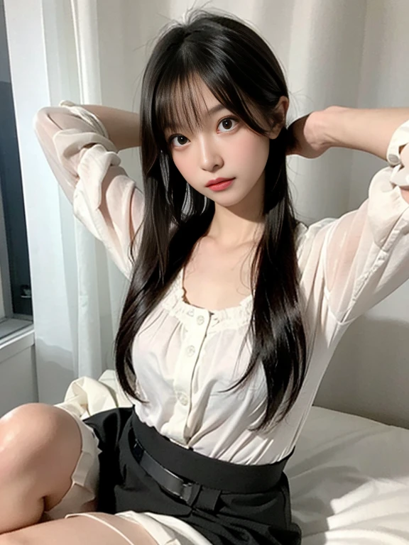 1 girl,alone,chest,Knee socks,chestの谷間,liar,~ ~ side,Looking at the audience,Long Hair,large chest,With my hands on my head,bed,Strap slip,indoor,lips,on bed,Black Hair,dress,Realistic,black dress,black eye,Dutch Angle,Brown Hair,curtain,Window -- Automatic