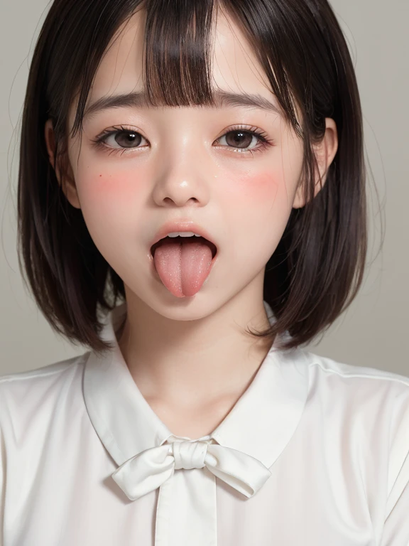 (masterpiece:1.3)、Very nice finish、(High resolution、8k:1.3)、(Highest quality、Ultra-realistic as a photo:1.5)、Sharp focus, 超High resolutionの顔、Eyes are symmetrical:1.3、High quality and beautiful skin、Firm Skin、Image of one girl, (())、((White tight business blouse with collar))、(White bow tie blouse)),(very cute、Amazing beautiful girl)、Natural Makeup, Glossy light pink lips、Wet eyes:1.3,, Embarrassing:1.3、(Bobcut),(Sticking out tongue:1.5),(Upper body shot:1.4),(Please open your mouth wide:1.5)、(Wrinkles between the eyebrows:1.4)、(Scared expression:1.8)、(Please close your eyes completely:1.8),(Narrow eyes:1.3),(Droopy eyes:1.6),(Blushing:1.5),(Let your bangs hang down:1.7)、Low contrast lighting、(The top of your head fits in the frame:1.4)