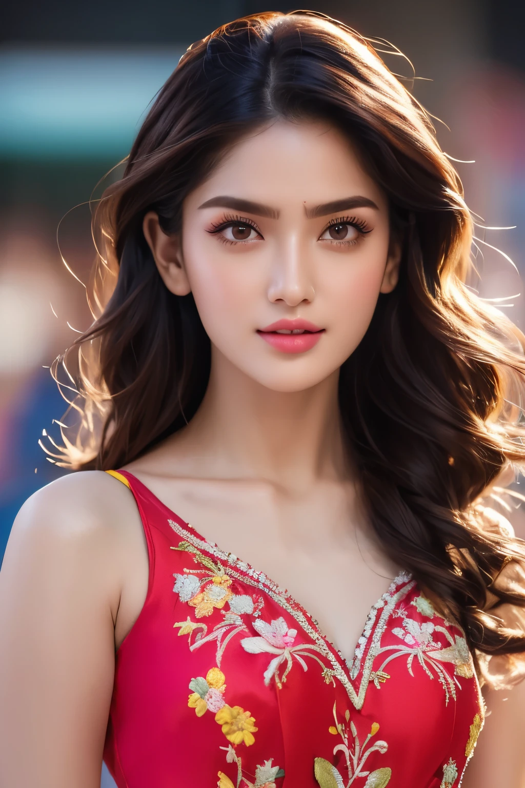 score_9, score8_up,(absurd quality,16k,highres,masterpiece), ultra details,UHD,(photorealistic Realism 16K Quality), (1 Indian woman, 22-year-old), wearing glasses, thigh highs, (super quality details, realistic texture: skin, hair), ((the most absurd quality perfect eyes)), (natural super beautiful cute sharp-face), (light pale complexion), ((clear and sharp perfect round realistic brown_eyes)), finely detailed pupils, detailed lips:1.3, BREAK, ((Fujicolor, daytime soft lighting), detailed perfect symmetrical face, detailed sharp nose, detailed glossy lips, detailed white teeth, perfect midriff, fashion supermodel, (curly heban hair (slicked to the one side) Intricately detailed), BREAK, (pink_makeup), BREAK, ((Classic and sexy designer dress, laced and embroidery design, bright colours,red and yellow combination), seductive pose, Detailed blue decoration, BREAK, (Fitted clothing), dynamic pose, ((looking at the viewer)), (no decorations in the hair), (dark shot:1.2), (firm normal full breasts),((vibarant and colourful),