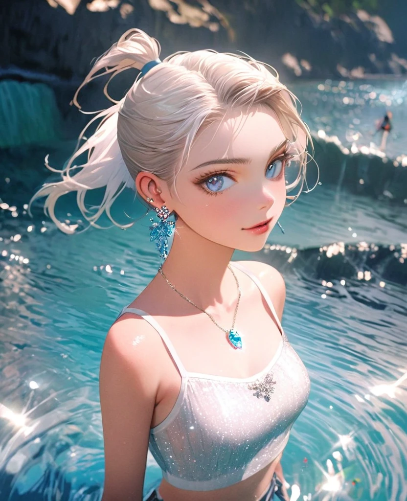 8K,gal，an extremely delicate and beautiful,Beautiful and realistic skin,Shiny jewel-like earrings,Shine like glitter white hair,topknot,beautiful eyes,Fashion Model,full body,camisole,short shorts