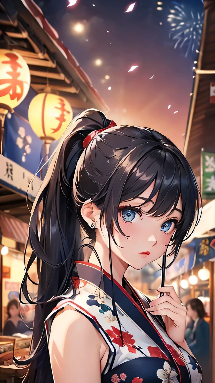 最high quality、Best image quality、masterpiece、With a girl((cute、、Best Bust、Medium Bust、Beautiful Blue Eyes、Spread your chest wide,Black Hair、ponytail、Disheveled Hair、thin、Highest Valley、Red yukata、Red lipstick、Red eyeliner)）high quality、Beautiful art、background((night、festival、stall、Fireworks)),Tabletop、Exquisite design、Visual Arts、Written boundary depth、Best lighting、Highest detail、8ｋ