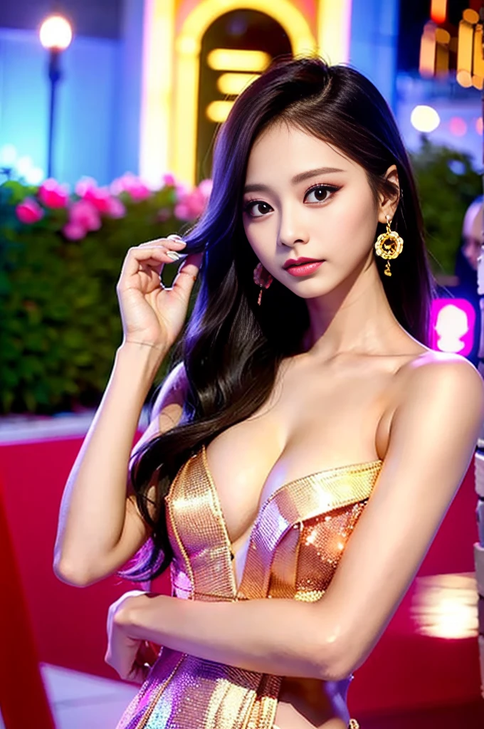Tzuyu 1, woman, (Realistic), (Hyperrealism), (photoRealistic), Written boundary depth, eye make up:0.7 (whole body:1.8), (Large Bust),(Tight waist), Observe the audience,At the flower garden, Fashion Model, A sexy dress with open shoulders and neckline