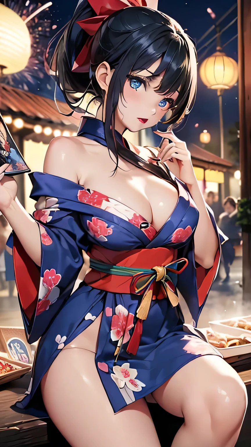 最high quality、Best image quality、masterpiece、With a girl((cute、、Best Bust、Medium Bust、Beautiful Blue Eyes、Spread your chest wide,Black Hair、ponytail、Disheveled Hair、thin、Highest Valley、Red yukata、Red lipstick、Red eyeliner)）high quality、Beautiful art、background((night、festival、stall、Fireworks)),Tabletop、Exquisite design、Visual Arts、Written boundary depth、Best lighting、Highest detail、8ｋ