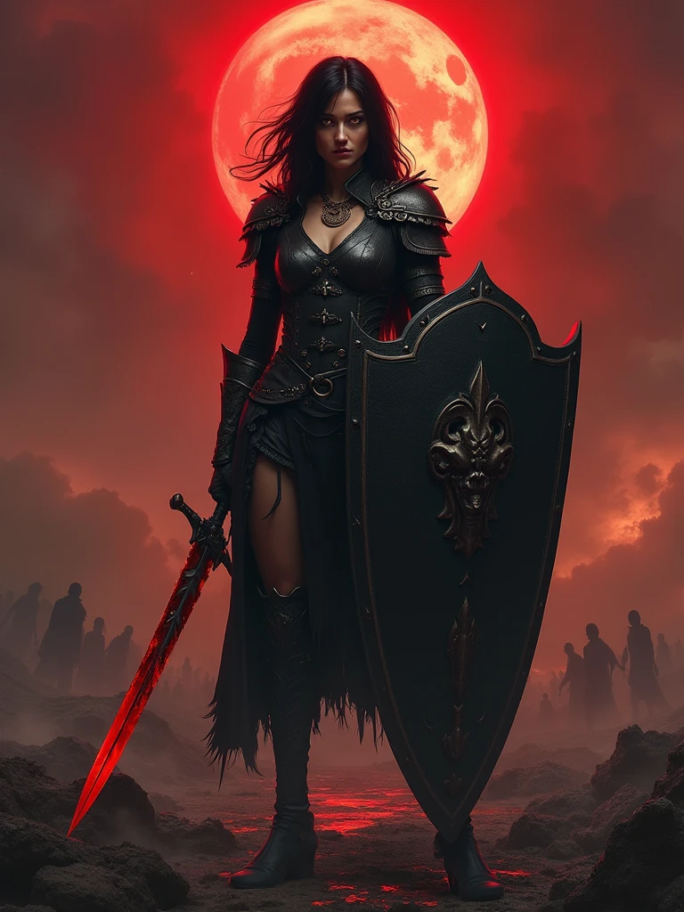 A woman with jet black hair and golden eyes, like fire. He wears black leather armor adorned with thorns and skulls.. His body is perfect and muscular, result of years of training. Posing on a battlefield, with a bloody sword in one hand and a shield in the other. Dark and dramatic atmosphere, with a blood red sky