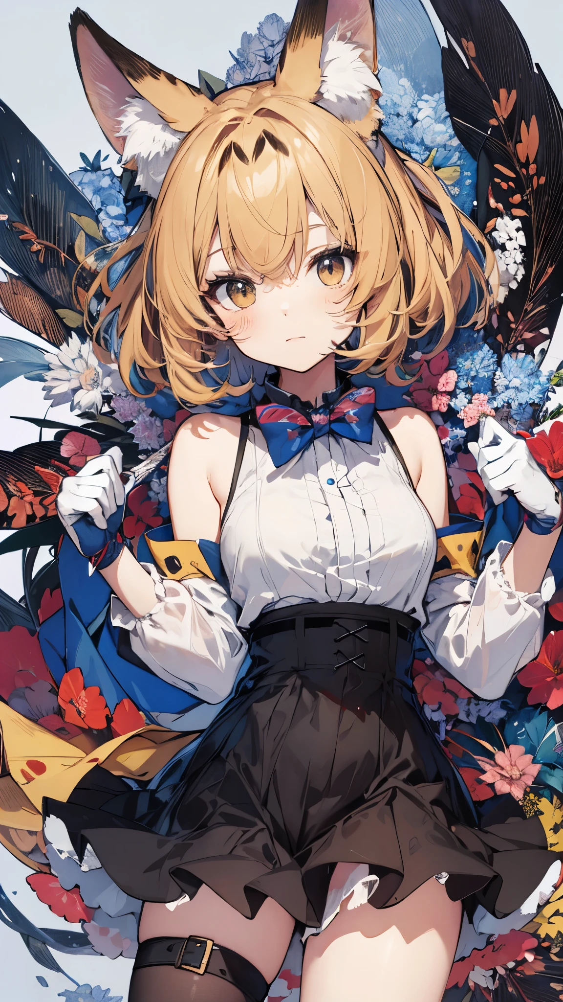 SERVAL, ANIMAL EARS, SHORT HAIR, SERVAL PRINT, TAIL, GLOVES, SHIRT, BOW, BOWTIE, ELBOW GLOVES, PRINT BOW, PRINT BOWTIE, SLEEVELESS, SKIRT, WHITE SHIRT, SLEEVELESS SHIRT, BARE SHOULDERS,slender,