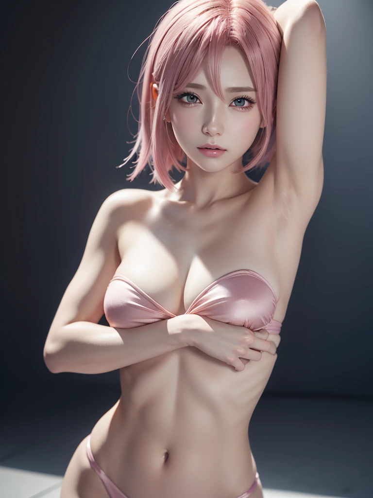 Close-up of a woman with pink hair and a strapless micro bikini 1:4, Exposed armpits:1.5、Very small and flat chest:1.3、Small breasts、Anime realism style, Unreal 5. RPG Portrait, cgsociety portrait, Realistic art style, Smooth anime CG art, Photorealistic Anime Girl Rendering, Realistic anime 3D style, Loss Draw 1. 0, Realistic 3D animation, art jam ; 3d unreal engine, Realistic anime art style,Gray background,