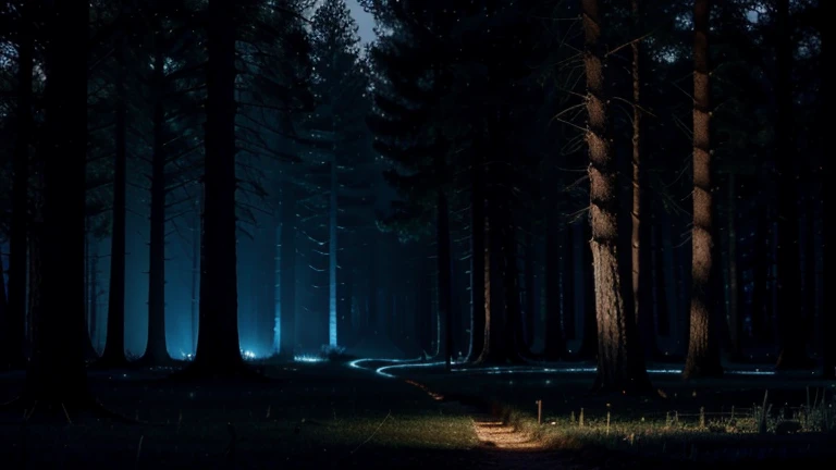 Image of a night forest landscape illuminated in blue with shadows.