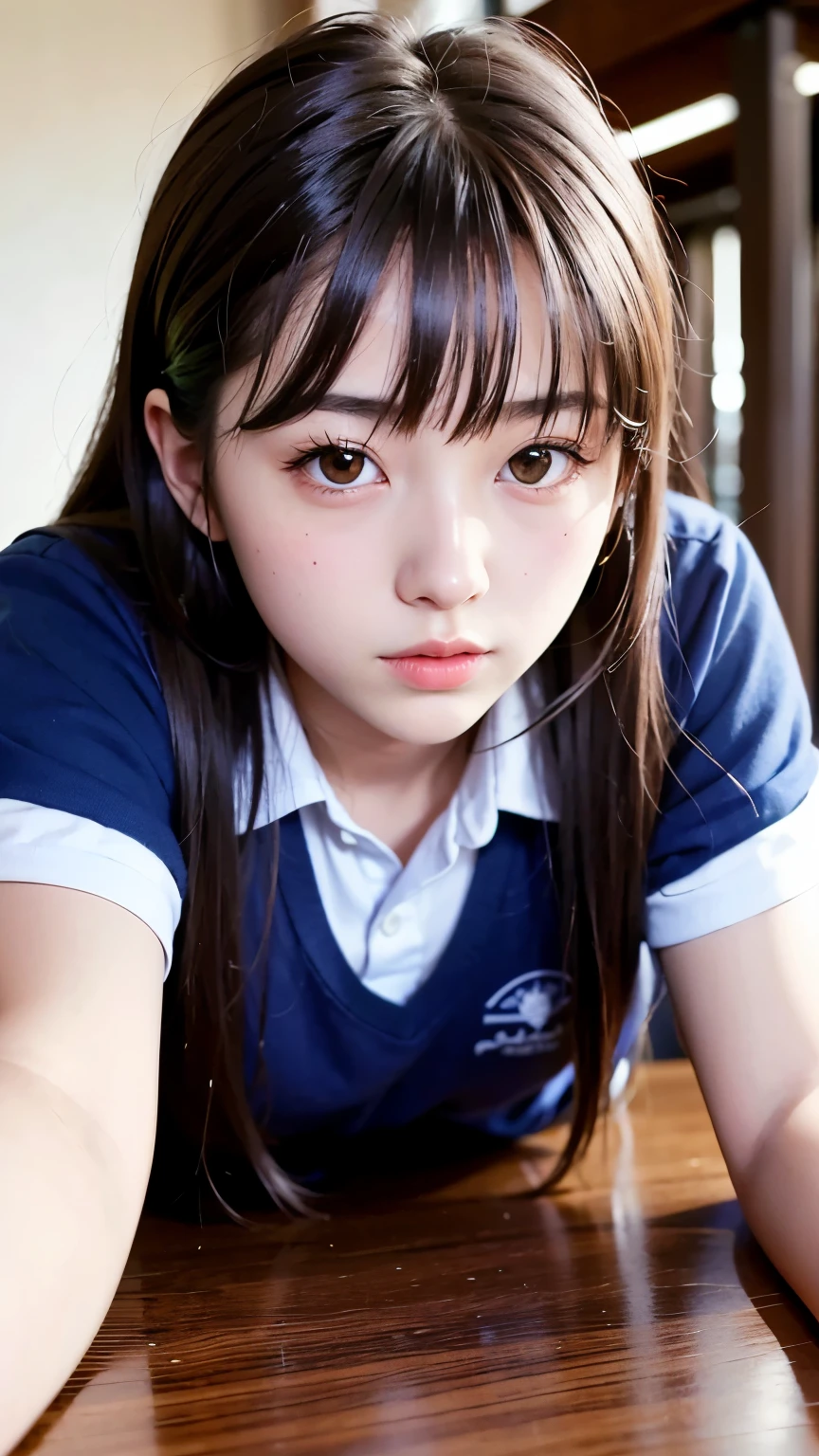 Highest quality, masterpiece, 1 girl, 14~18-year-old, Beautiful Face, Realistic, High resolution,School, Student Uniform,sexy, Lying down