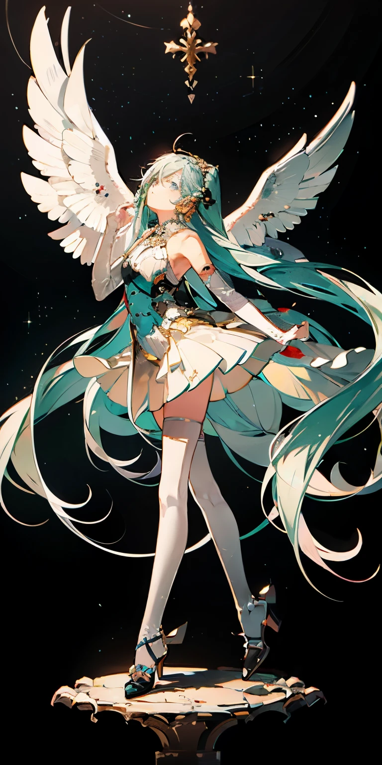 Full body painting,Detailed full body portrait,(Girl looking up at the starry sky), Angelic, Angelic, (Angel Wings), White Dress,Mandy Jurgens (Mandy Jurgens) Realistic paintings created, , Figurative Art, A detailed description, Realistically, A work of art, contour, View from the side, Simple background